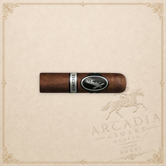 Arcadia Cigars Davidoff Escurio Petit Robusto cigar with a dark brown wrapper and signature black and silver bands.
