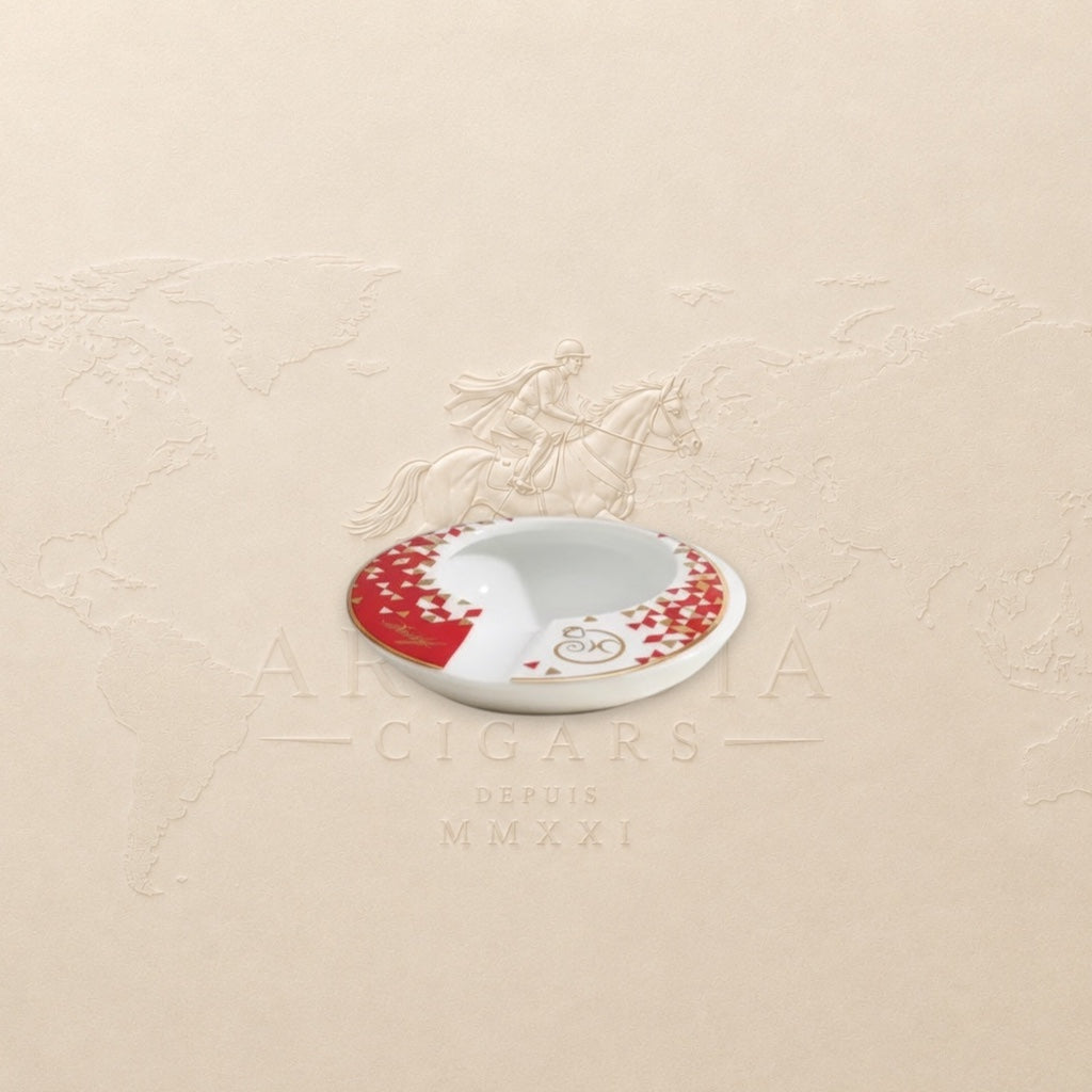 Arcadia Cigars limited edition porcelain ashtray, white with red and gold monkey zodiac design, round shape with two cigar rests.