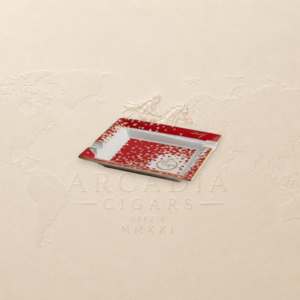 Arcadia Cigars Davidoff Year of Monkey ashtray, white Limoges porcelain with red and gold accents, 2 cigar rests.