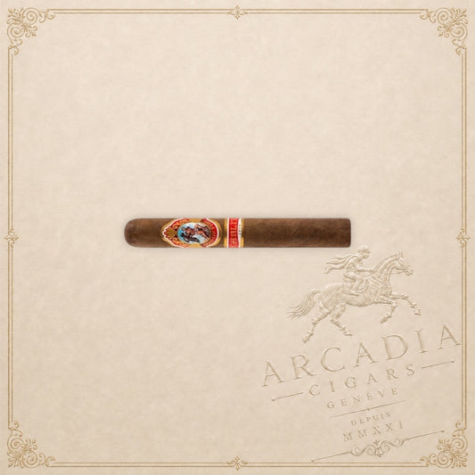 Arcadia Cigars God of Fire by Carlito Double Robusto cigar with detailed band on a cream background