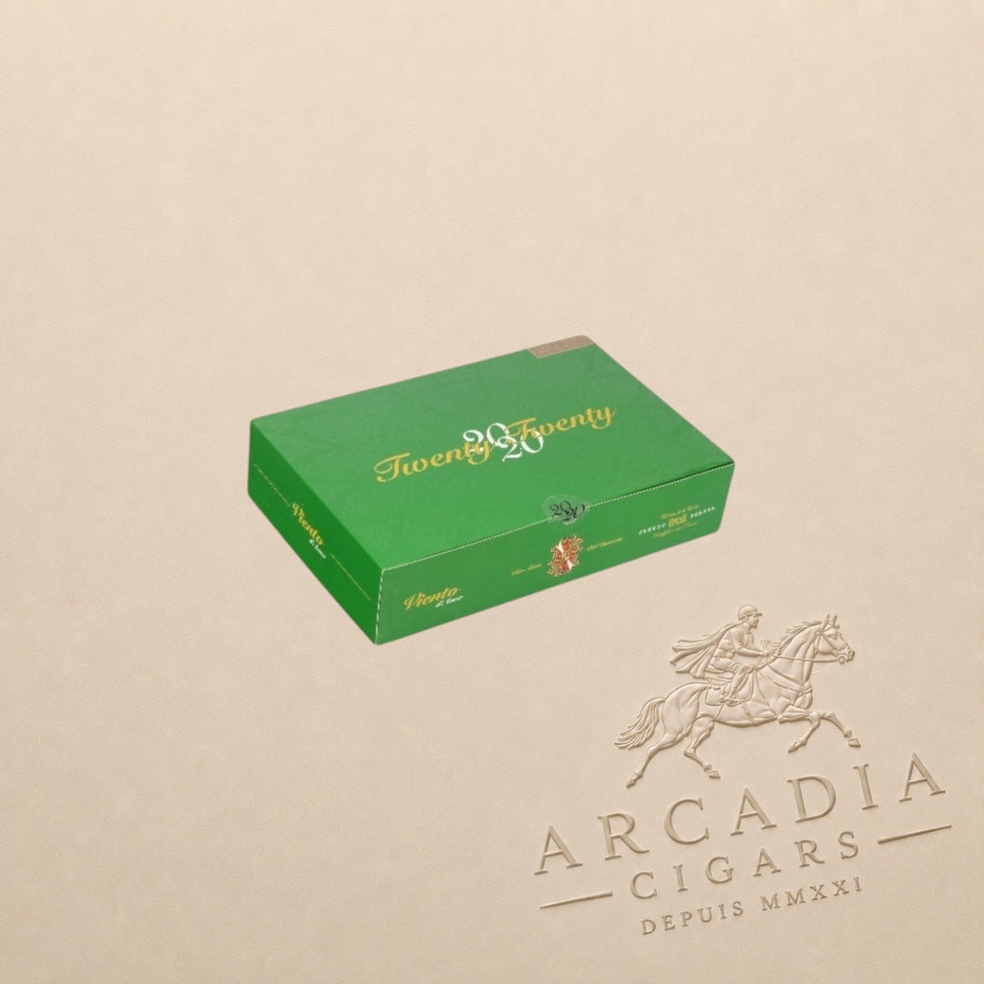 Arcadia Cigars Arturo Fuente OpusX 2020 Viento d'Amor green cigar box with gold lettering on a neutral background.