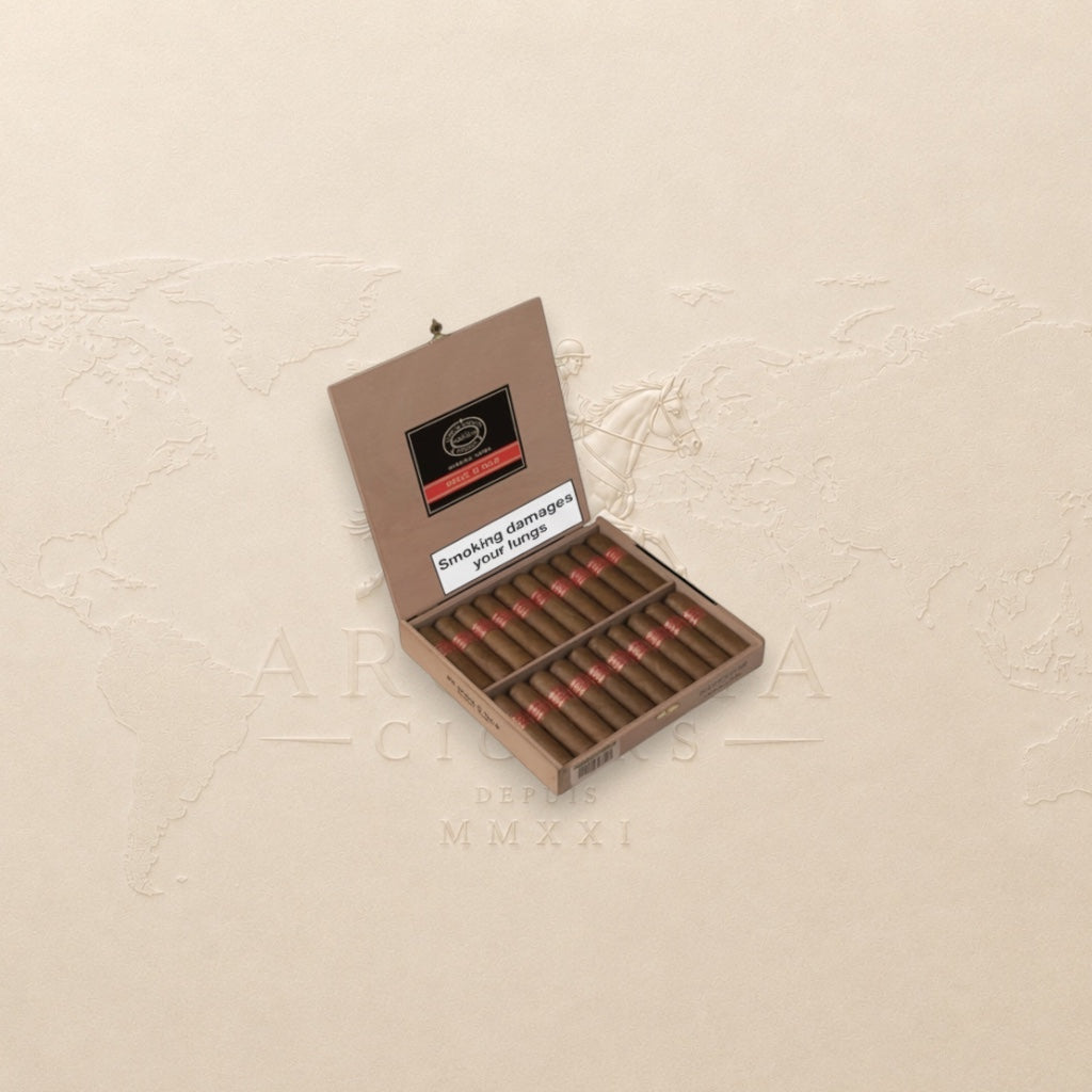 Arcadia Cigars Partagás Serie D No.6 box of 20 petit robusto cigars with red bands.