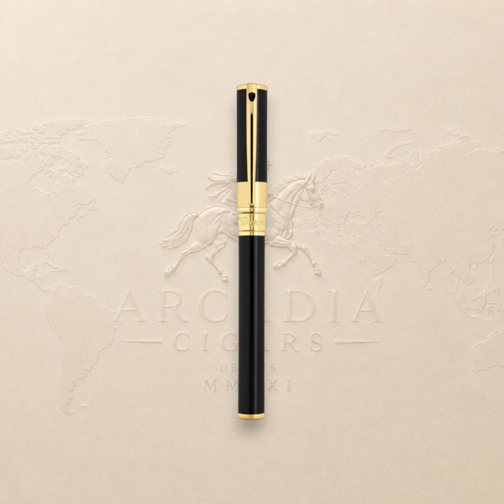 Arcadia Cigars S.T. Dupont D-Initial black lacquer and gold rollerball pen with classic design.
