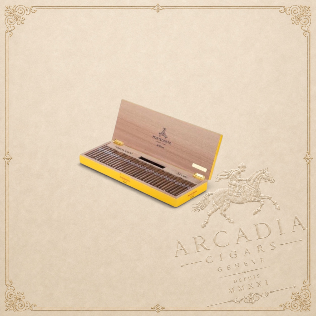 Arcadia Cigars Montecristo Short Year of the Snake 2025 humidor box filled with premium Cuban cigarillos