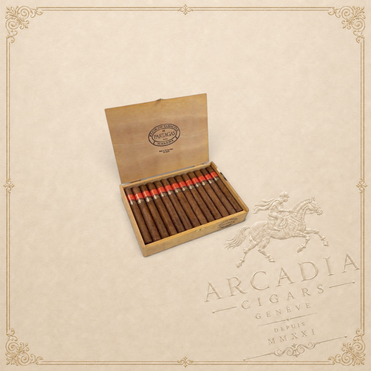 Arcadia Cigars box of Partagás De Partagás Nº1 Lonsdale cigars with red and gold bands on a light textured background