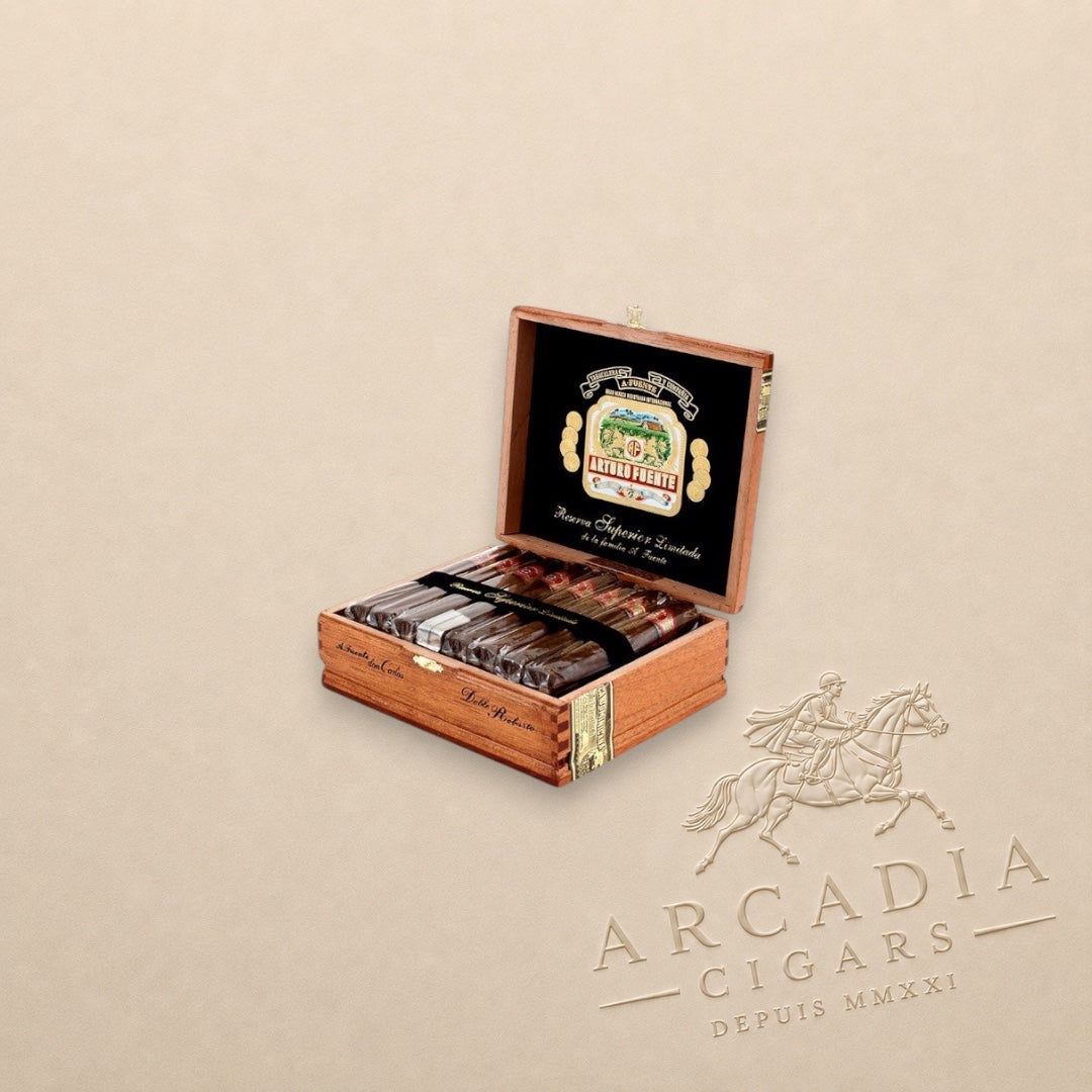 Arcadia Cigars open wooden box of Arturo Fuente Don Carlos Double Robusto cigars with African Cameroon wrappers.