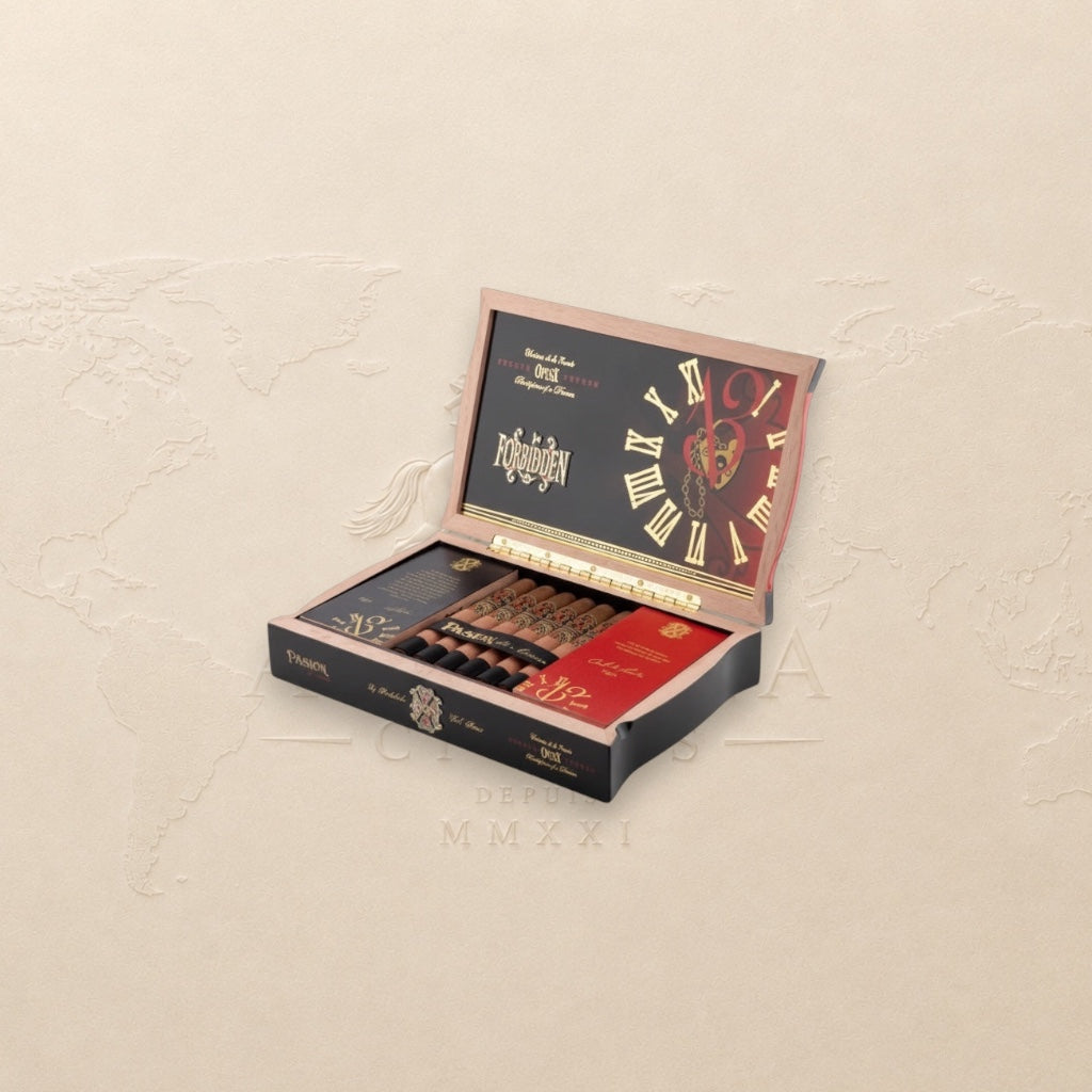 Arcadia Cigars Arturo Fuente Forbidden X Pasión d’Amor Toro cigars in an open wooden box with clock face design.