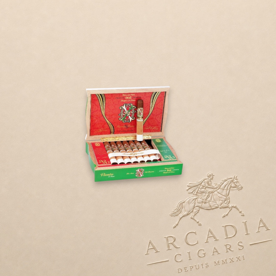 Arcadia Cigars Arturo Fuente OpusX 2020 Viento d'Amor premium cigars in a decorative green and red presentation box.