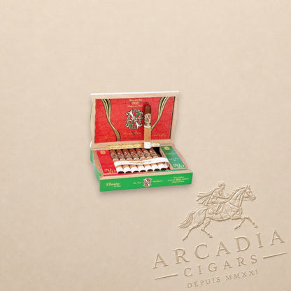 Arcadia Cigars Arturo Fuente OpusX 2020 Viento d'Amor premium cigars in a decorative green and red presentation box.