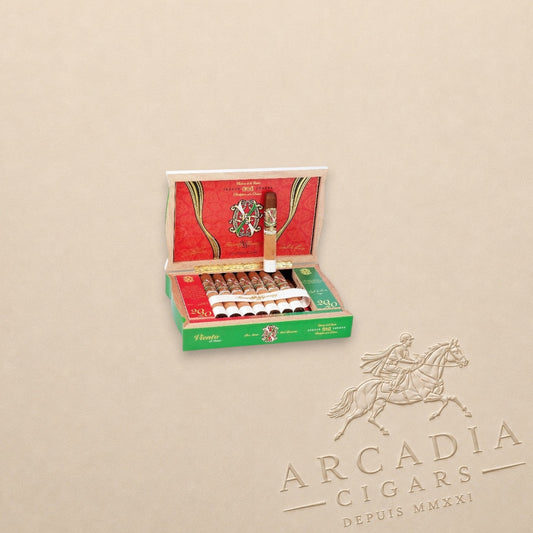 Arcadia Cigars Arturo Fuente OpusX 2020 Viento d'Amor premium cigars in a decorative green and red presentation box.