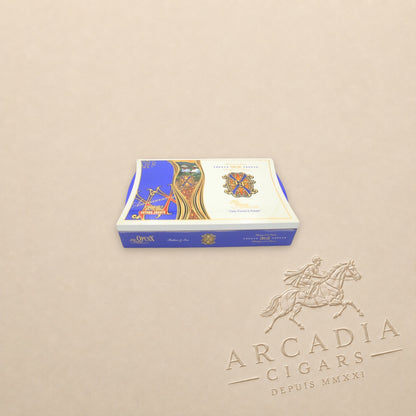 Arcadia Cigars Arturo Fuente OpusX 20 Years Celebration Father and Son cigar box with blue and gold ornate branding.