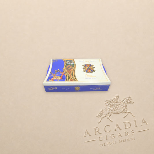 Arcadia Cigars Arturo Fuente OpusX 20 Years Celebration Father and Son cigar box with blue and gold ornate branding.