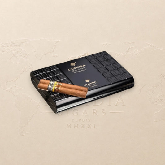 Arcadia Cigars Cohiba Novedosos LCDH cigar box with two Coronas Extra cigars. Black textured box with gold branding.