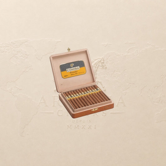 Arcadia Cigars Cohiba Panetelas box of 25 Cuban cigars. Medium-bodied, slim format with notes of cream and cedar.