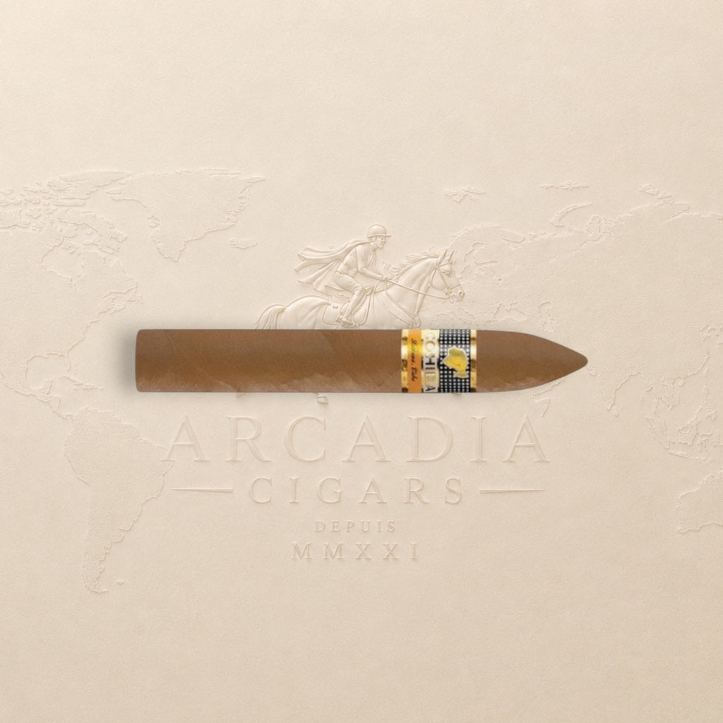 Arcadia Cigars Cohiba Piramides Extra cigar, medium to full-bodied with cedar and cocoa notes. Pirámide format.