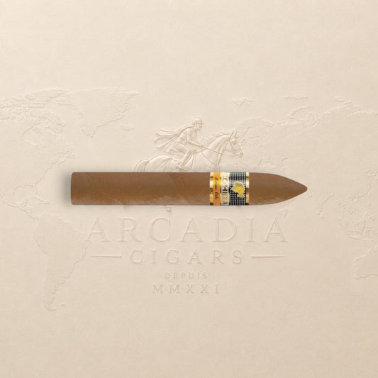 Arcadia Cigars Cohiba Piramides Extra cigar, medium to full-bodied with cedar and cocoa notes. Pirámide format.