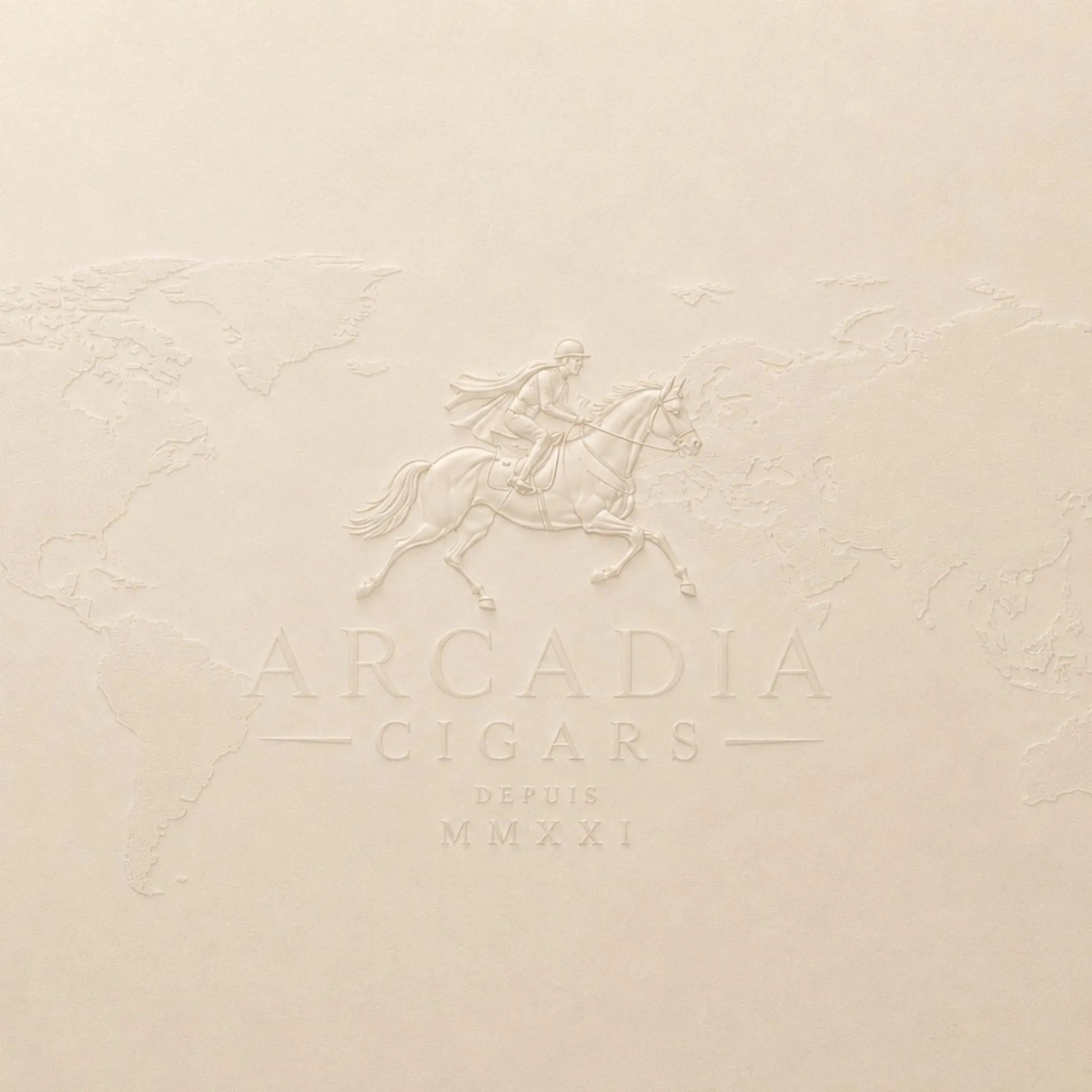 Arcadia Cigars branding featuring an embossed horseman logo and world map on a cream-colored textured background.