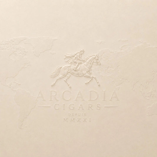 Arcadia Cigars branding featuring an embossed horseman logo and world map on a cream-colored textured background.