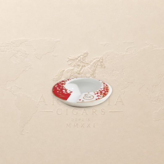Arcadia Cigars limited edition porcelain ashtray, white with red and gold monkey zodiac design, round shape with two cigar rests.