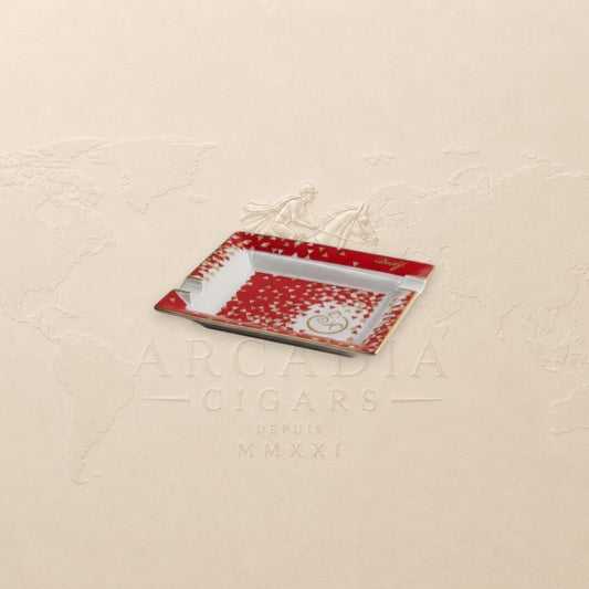 Arcadia Cigars Davidoff Year of Monkey ashtray, white Limoges porcelain with red and gold accents, 2 cigar rests.