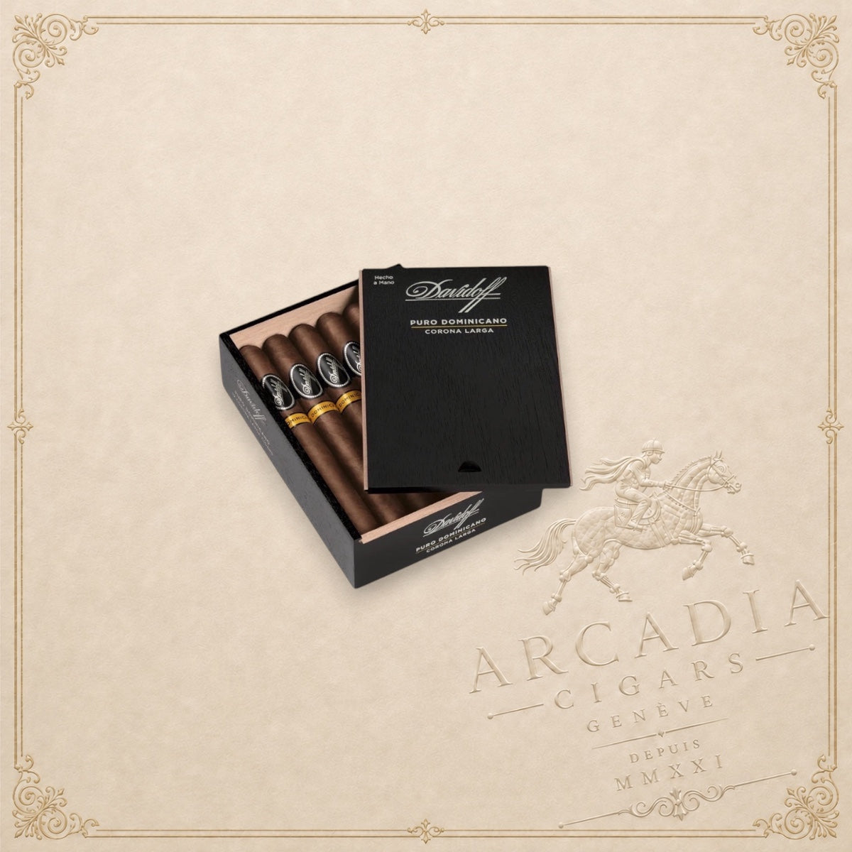 Arcadia Cigars Davidoff Puro Dominicano Corona Larga cigars in an open black wooden box on a neutral background