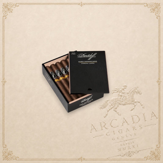 Arcadia Cigars Davidoff Puro Dominicano Corona Larga cigars in an open black wooden box on a neutral background