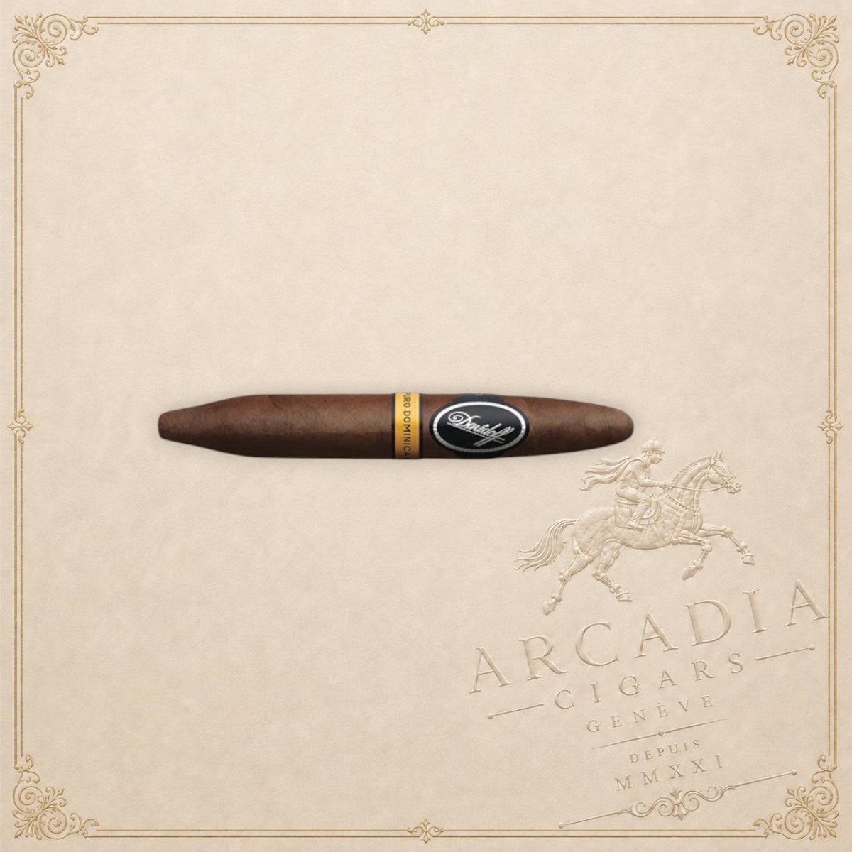 Arcadia Cigars Davidoff Puro Dominicano Corona Larga cigar with a dark brown wrapper on a textured cream background.