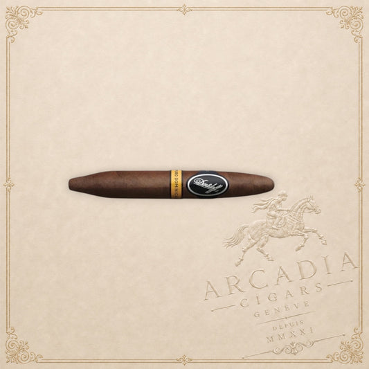 Arcadia Cigars Davidoff Puro Dominicano Corona Larga cigar with a dark brown wrapper on a textured cream background.