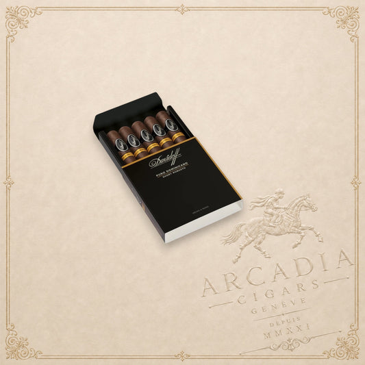 Arcadia Cigars Davidoff Puro Dominicano Short Robusto cigars in a black presentation box with gold branding.