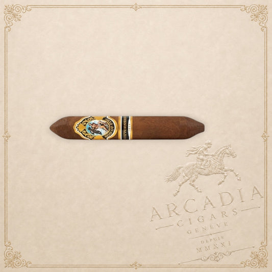 Arcadia Cigars God of Fire Serie Aniversario 60 cigar with ornate gold and black band on a textured cream background.