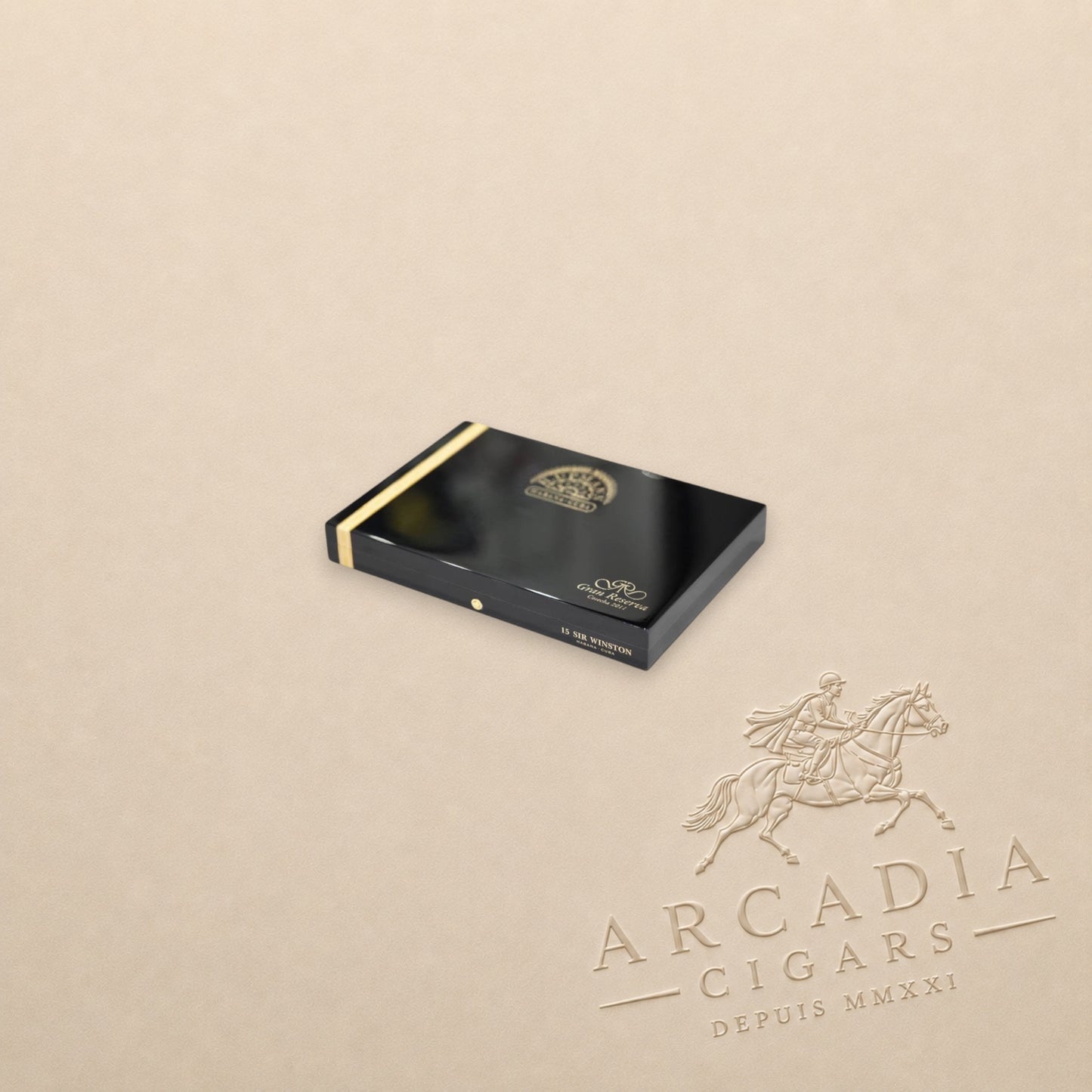 Arcadia Cigars H. Upmann Sir Winston Gran Reserva 2011 cigar box in black lacquer with gold branding
