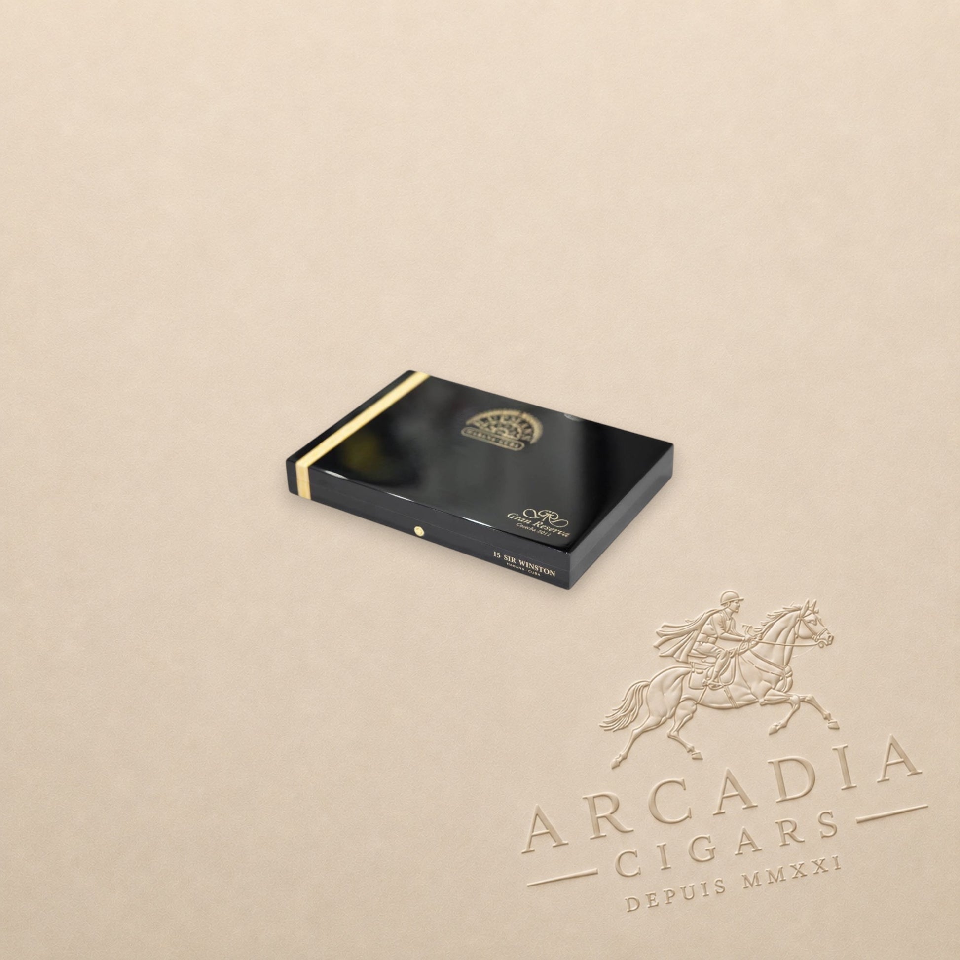 Arcadia Cigars H. Upmann Sir Winston Gran Reserva 2011 cigar box in black lacquer with gold branding