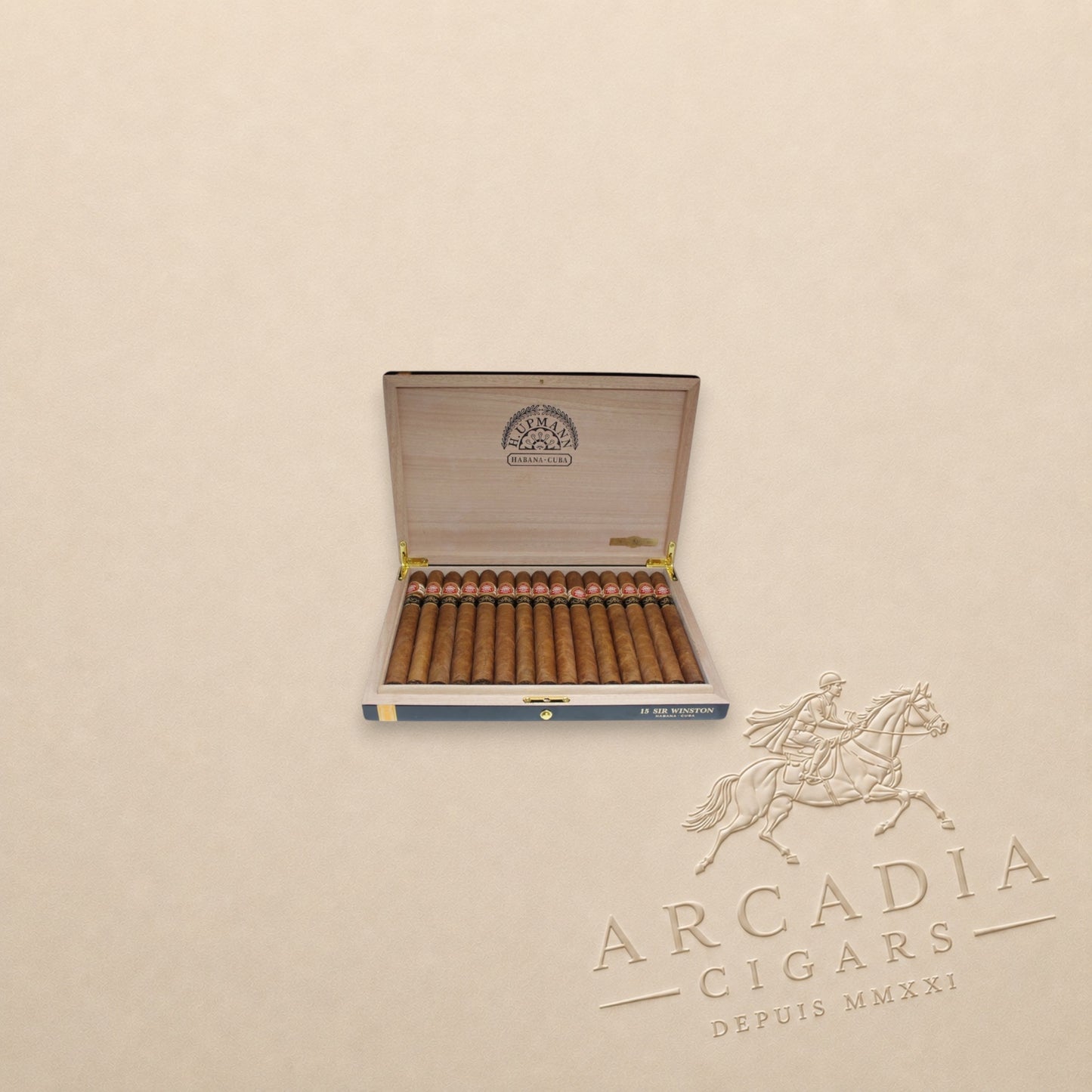 Arcadia Cigars H. Upmann Sir Winston Gran Reserva 2011 cigar box with 15 premium Cuban cigars in a wooden case.