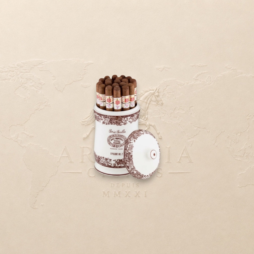 Arcadia Cigars Hoyo de Monterrey Epicure No. 2 Serie Sevilla ceramic jar with 25 Cuban cigars. Robusto format, mild-medium strength.