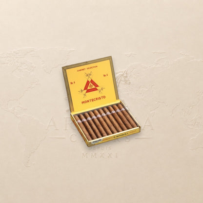 Arcadia Cigars Montecristo No. 4 petit corona Cuban cigars in yellow box. Flavors of wood, cocoa, and spice.