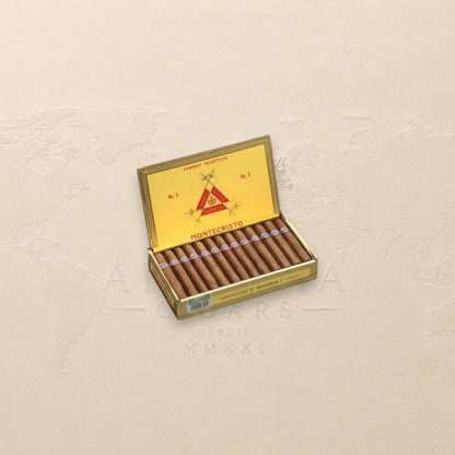 Arcadia Cigars Montecristo No. 5 box of 25 Cuban cigars, Perla format, 4" length, medium strength.