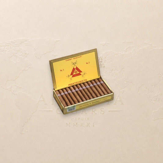 Arcadia Cigars Montecristo No. 5 box of 25 Cuban cigars, Perla format, 4" length, medium strength.