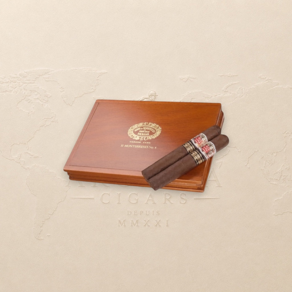 Arcadia Cigars Hoyo De Monterrey Monterreyes No. 4 Limited Edition 2021 cigar box with two cigars. Dark brown Cuban tobacco.
