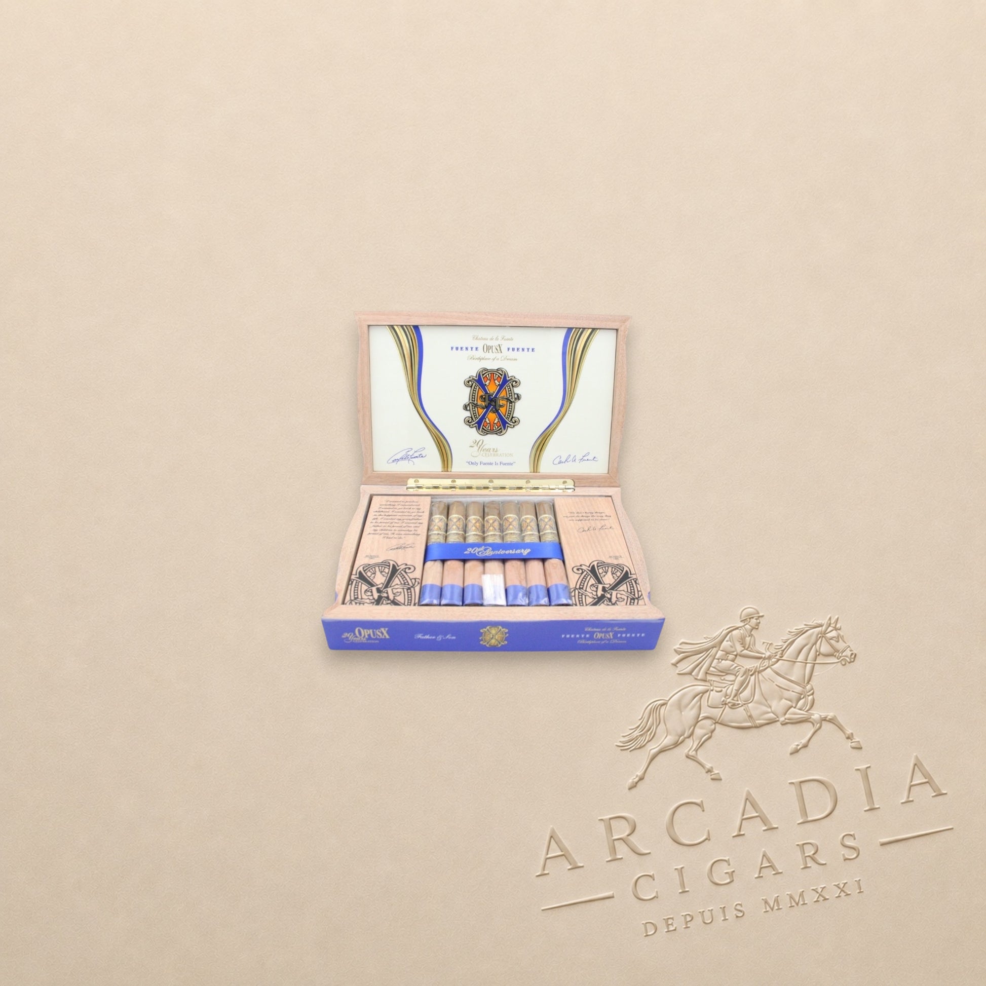 Arcadia Cigars Arturo Fuente OpusX 20 Years Celebration Father and Son cigar box with premium cigars