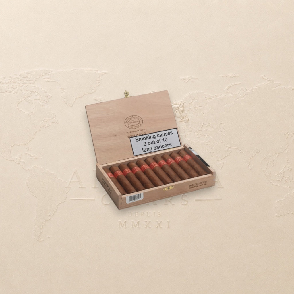 Arcadia Cigars Partagás Serie D No.5 box of 10 Petit Robusto Cuban cigars with red bands.