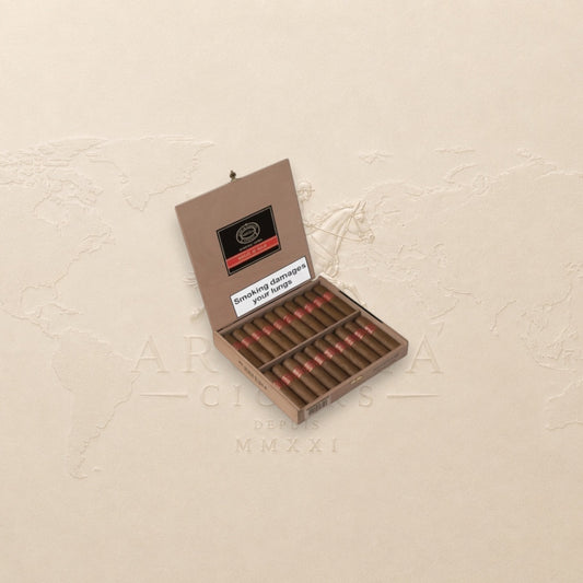 Arcadia Cigars Partagás Serie D No.6 box of 20 petit robusto cigars with red bands.