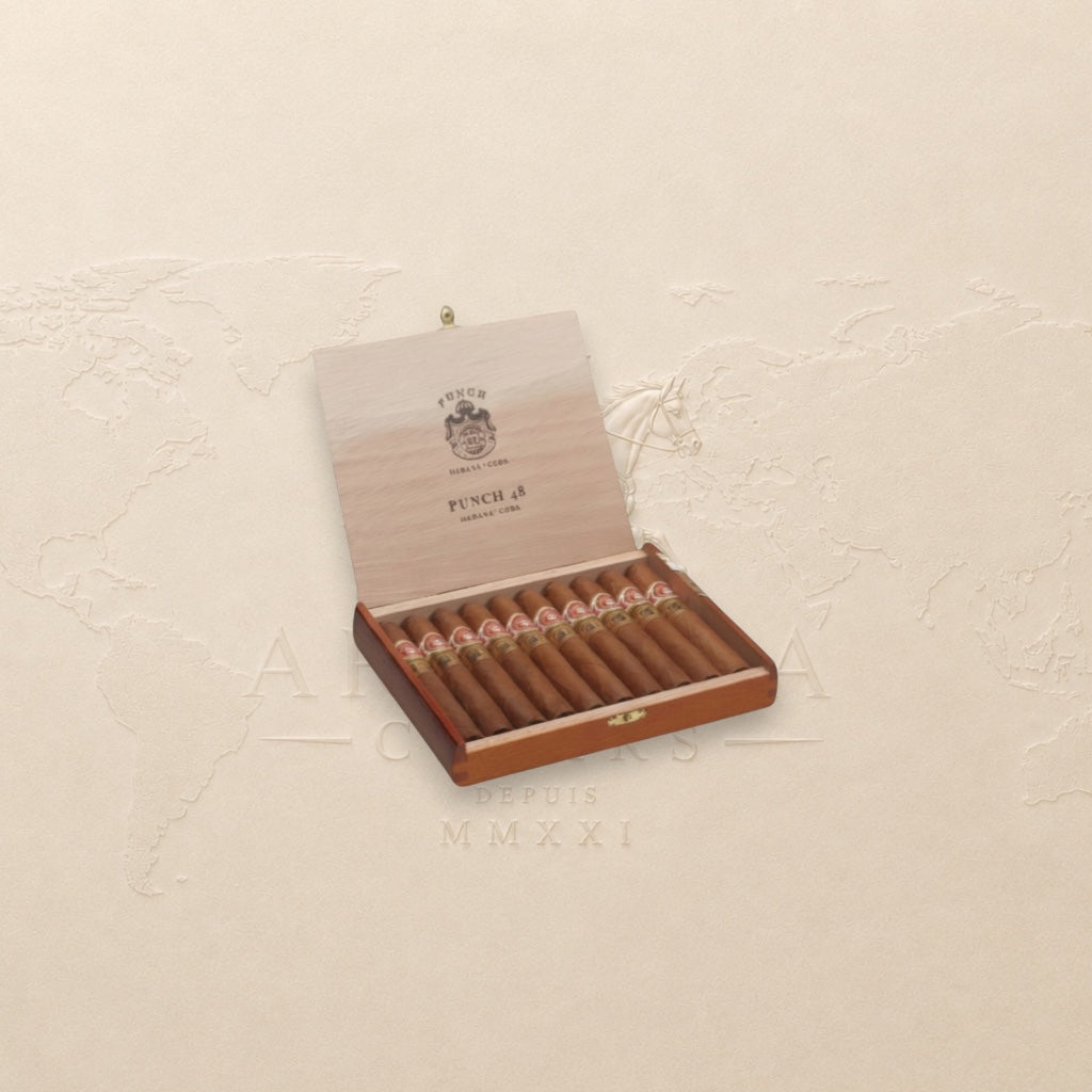 Arcadia Cigars Punch 48 LCDH Exclusive cigars in a wooden box. Medium-bodied with cedar, nut, and spice notes.