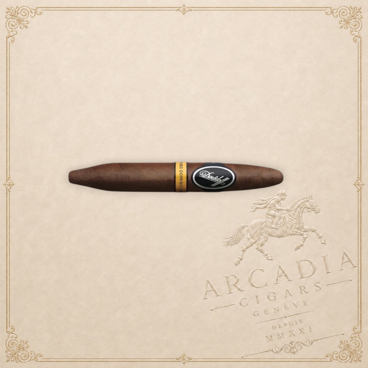 Arcadia Cigars Davidoff Puro Dominicano Perfecto cigar with a tapered shape on a textured cream background