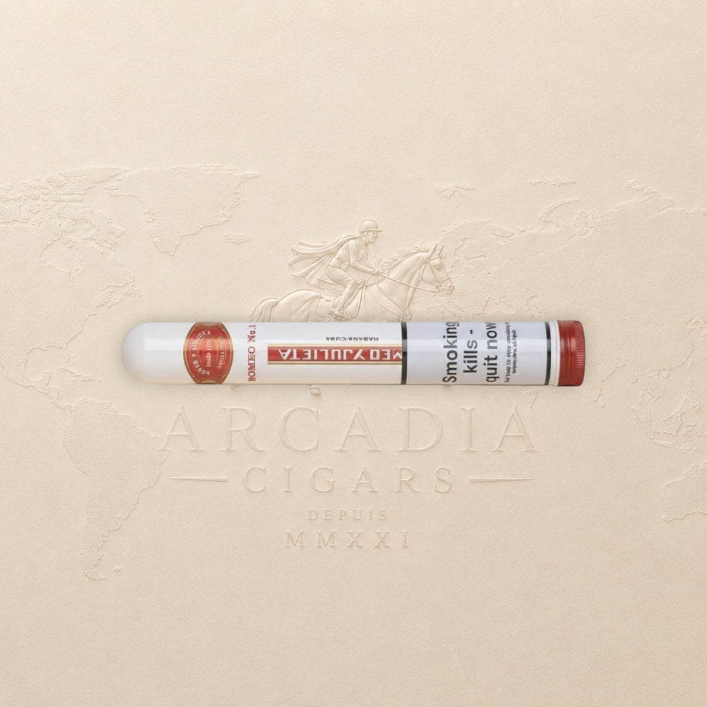Arcadia Cigars Romeo y Julieta No. 1 Petit Corona cigar in a white tube with red cap. Notes of cedar, cream, spice.