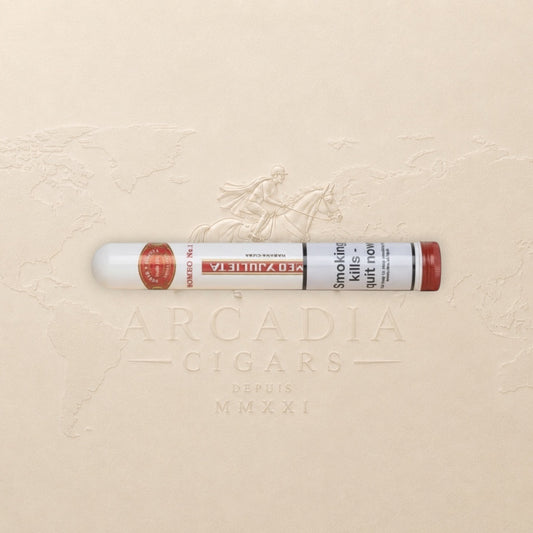 Arcadia Cigars Romeo y Julieta No. 1 Petit Corona cigar in a white tube with red cap. Notes of cedar, cream, spice.