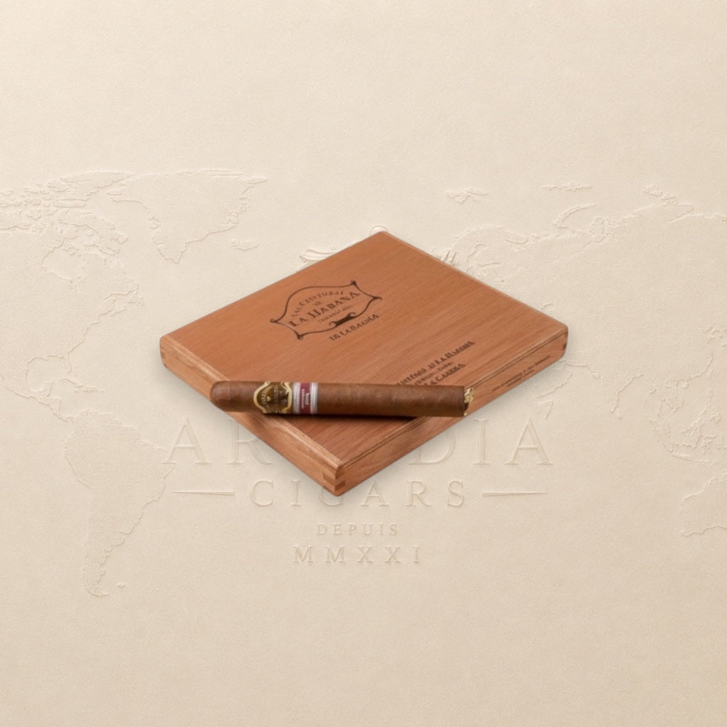 Arcadia Cigars San Cristóbal de la Habana La Cabaña Edición Regional Cuba 2019 cigar on wooden box. Medium-bodied with cream, cedar, and spice notes.