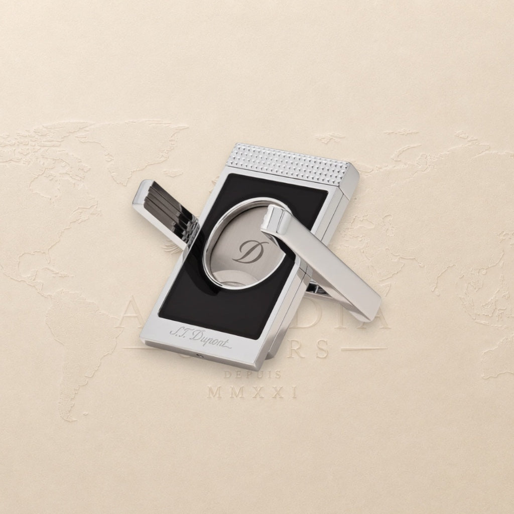Arcadia Cigars S.T. Dupont chrome cigar cutter with double blades and black inlay. Precision straight cut.