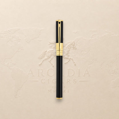 Arcadia Cigars S.T. Dupont D-Initial black lacquer and gold rollerball pen with classic design.