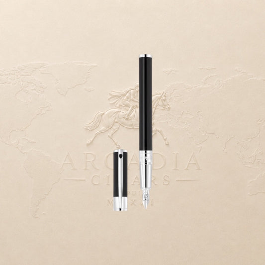 Arcadia Cigars S.T. Dupont D-Initial black lacquer fountain pen with chrome trim and stainless steel nib.