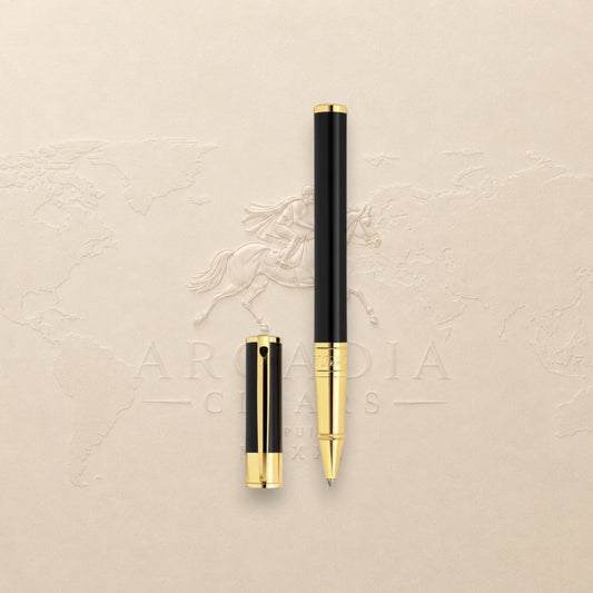Arcadia Cigars S.T. Dupont D-Initial black lacquer and gold rollerball pen with cap off.
